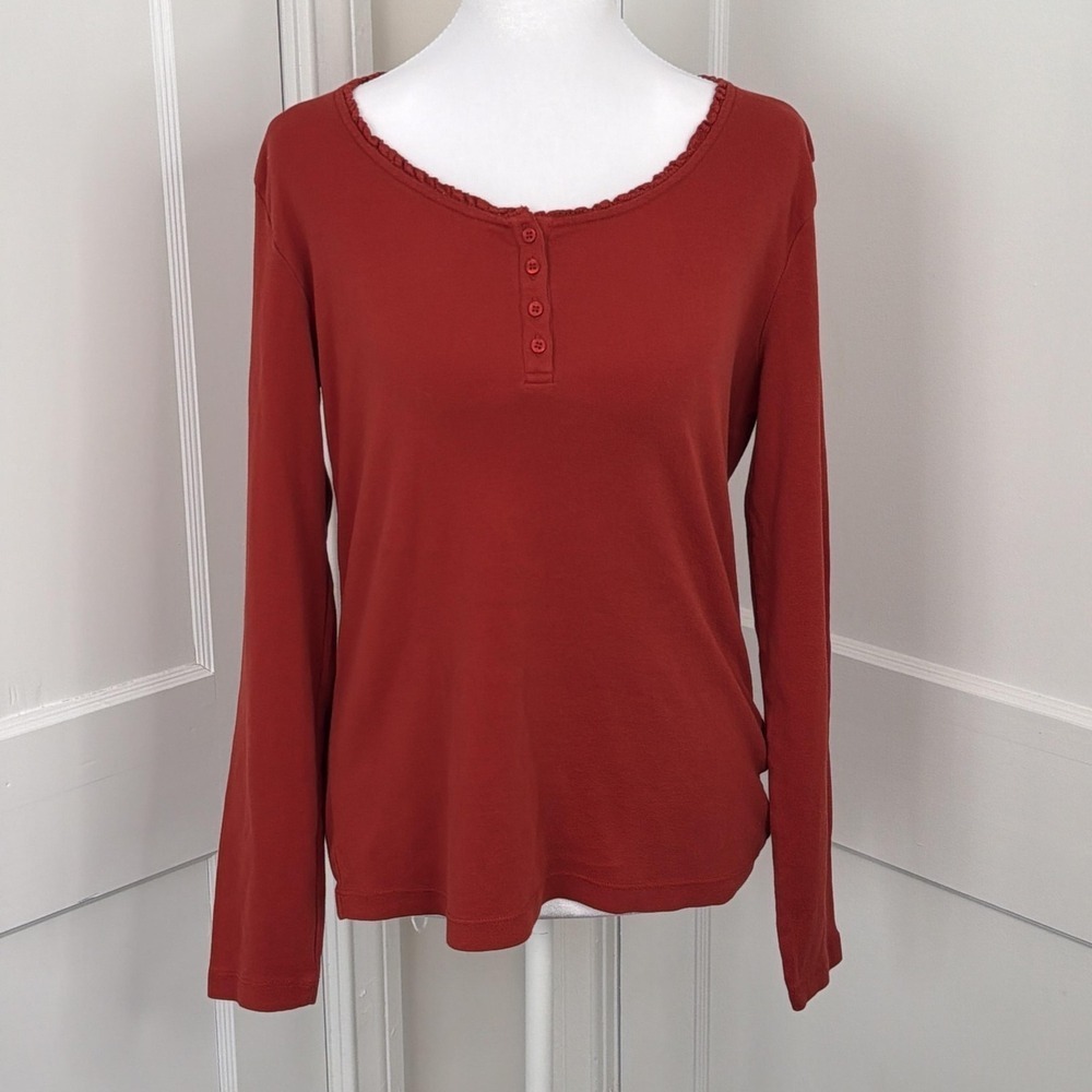 Chaus Organic Top Womens Medium Rust Red Cotton Henley Scoop Neck Tee Minimalism